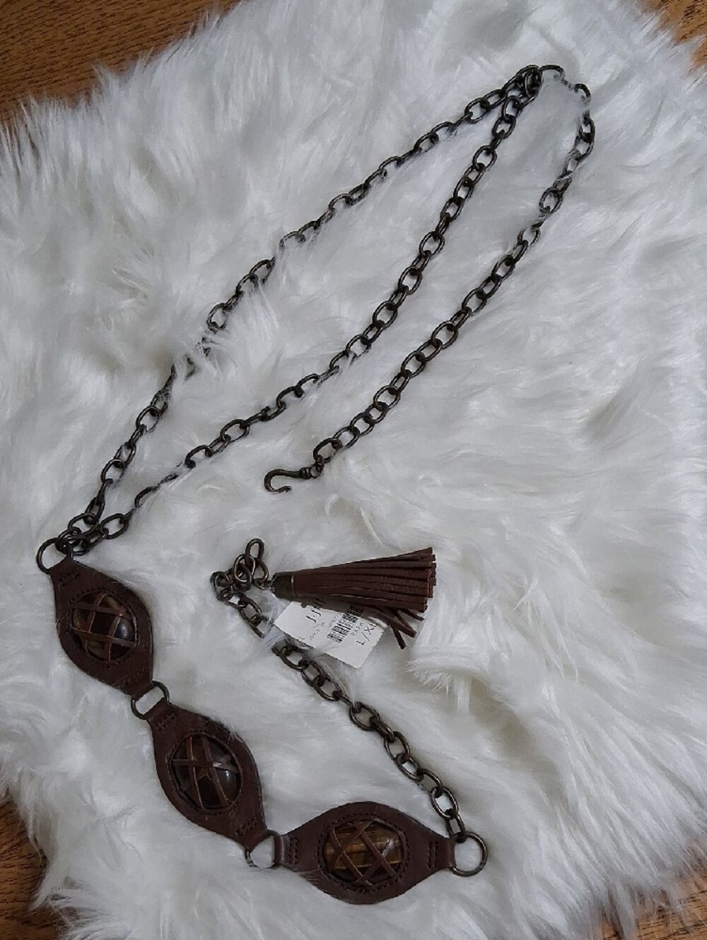 NWT J. Jill Boho Brown Leather Tassel Chain Belt-Bark Color-L/XL - Picture 5 of 6